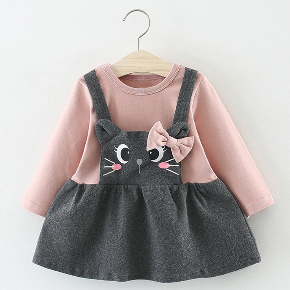 Printed long sleeve cartoon cat face bow baby dress - Image 2