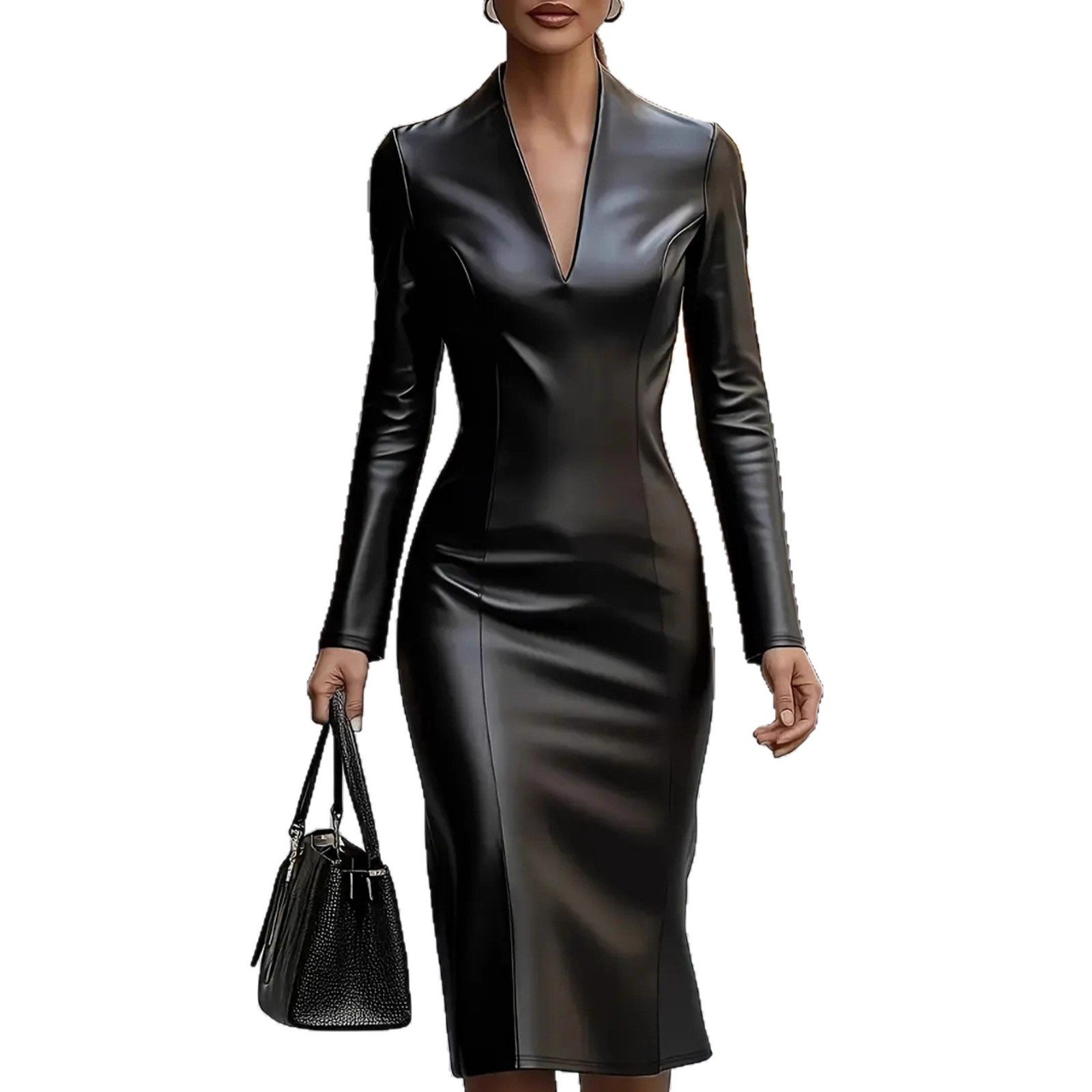 Stretchy PU Leather V-Neck Bodycon Dress - Image 5