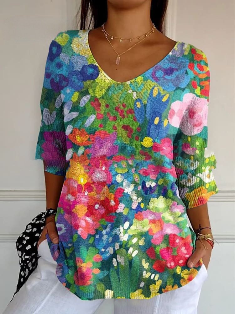 Floral 3d Printed Women's V-neck T-shirt Printed Round Neck Short Sleeve - Image 6