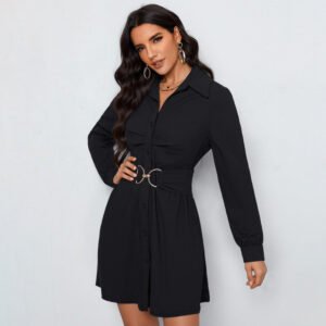 Womens Solid-Color Commuter-Style Shirt Single-Breasted Long-Sleeve Dress