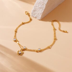 Vintage Inlaid Pearl Flower Pendant Double Layer Chain Anklet