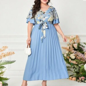 Printed V-neck Spliced Slim-fit Ladies Dress