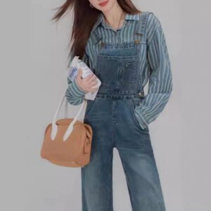Blue Shoulder Strap Jeans Loose Straight Slimming Shirt