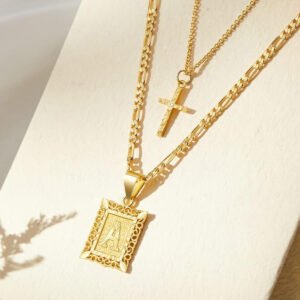 Womens Double-Layer Letter Square Cross Pendant Necklace