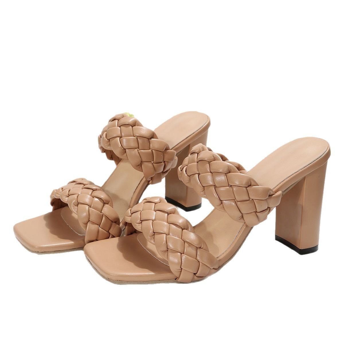 Square Toe Flip-flops Chunky Heel Woven Twisted Slippers - Image 5