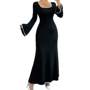Temperament Square Neckline Famous Style Color Block Slim And Elegant Dress