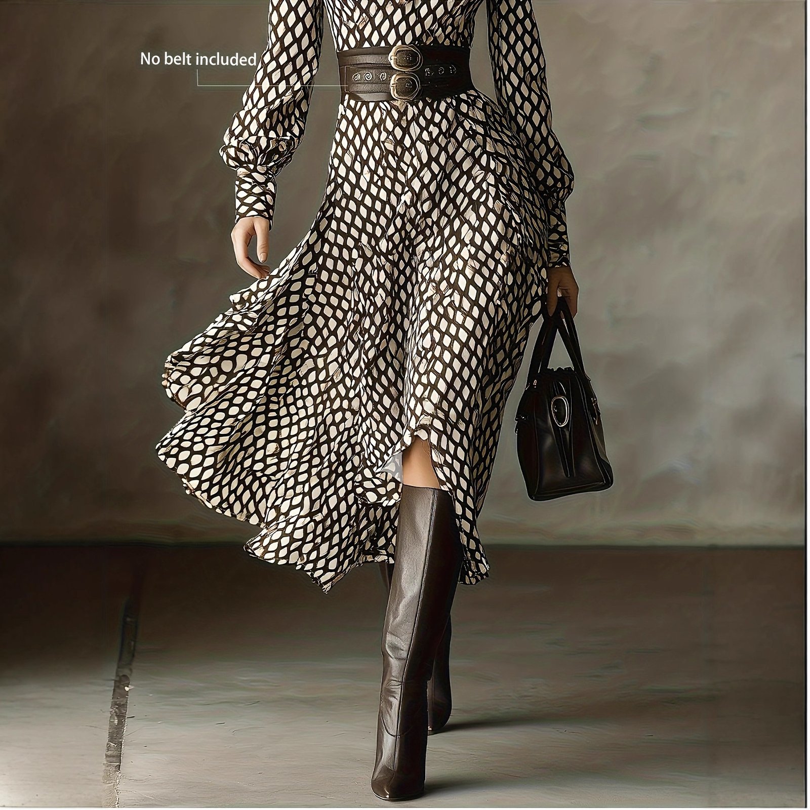 V-neck Puffy Long-sleeve High-waisted A-line Maxi Skirt For Women - Image 4
