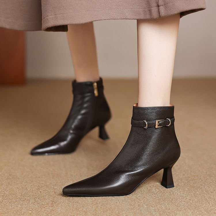 All-leather Fashion Boots Top-layer Sheepskin Stiletto Heel Pointed Toe Side Belt Buckle Chic Retro High Heels - Image 3