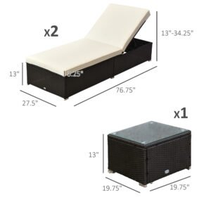Chaise Lounge Chair Set of 2 with 5 Angle Backrest, Outdoor Coffee Table, Water Repellent Cushions, PE Rattan Wicker Poolside Chairs, 3-Piece Pool Furniture Set, Dark Brown/Cream White