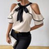 Elegant Double-layer Short-sleeve Shirt With A Bow-tie Neckline