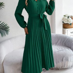 Women's Elegant V-Neck Button Tie-Waist Flared Pleated Maxi Dress
