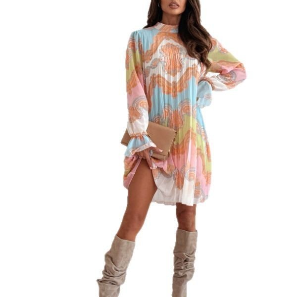 Fashionable Bohemian-style Printed Stand Collar Pleated Long-sleeve Dress - Image 5