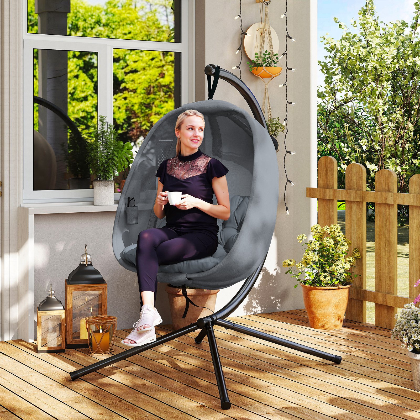 Hanging Egg Chair, Folding Texteline Swing Hammock With Side Pocket, Cushion And Stand For Indoor Outdoor, Patio Garden Furniture, Grey - Image 2