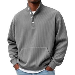 Mens Solid-Color Turtleneck Casual Long-Sleeve Polo Sweatshirt