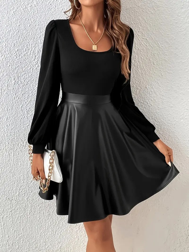 PU Leather Patchwork A-line Dress With A Square Neckline And Puff Sleeves - Image 3