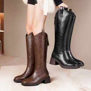 Womens Fleece-Lined Soft Leather Wool Knee-High Boots