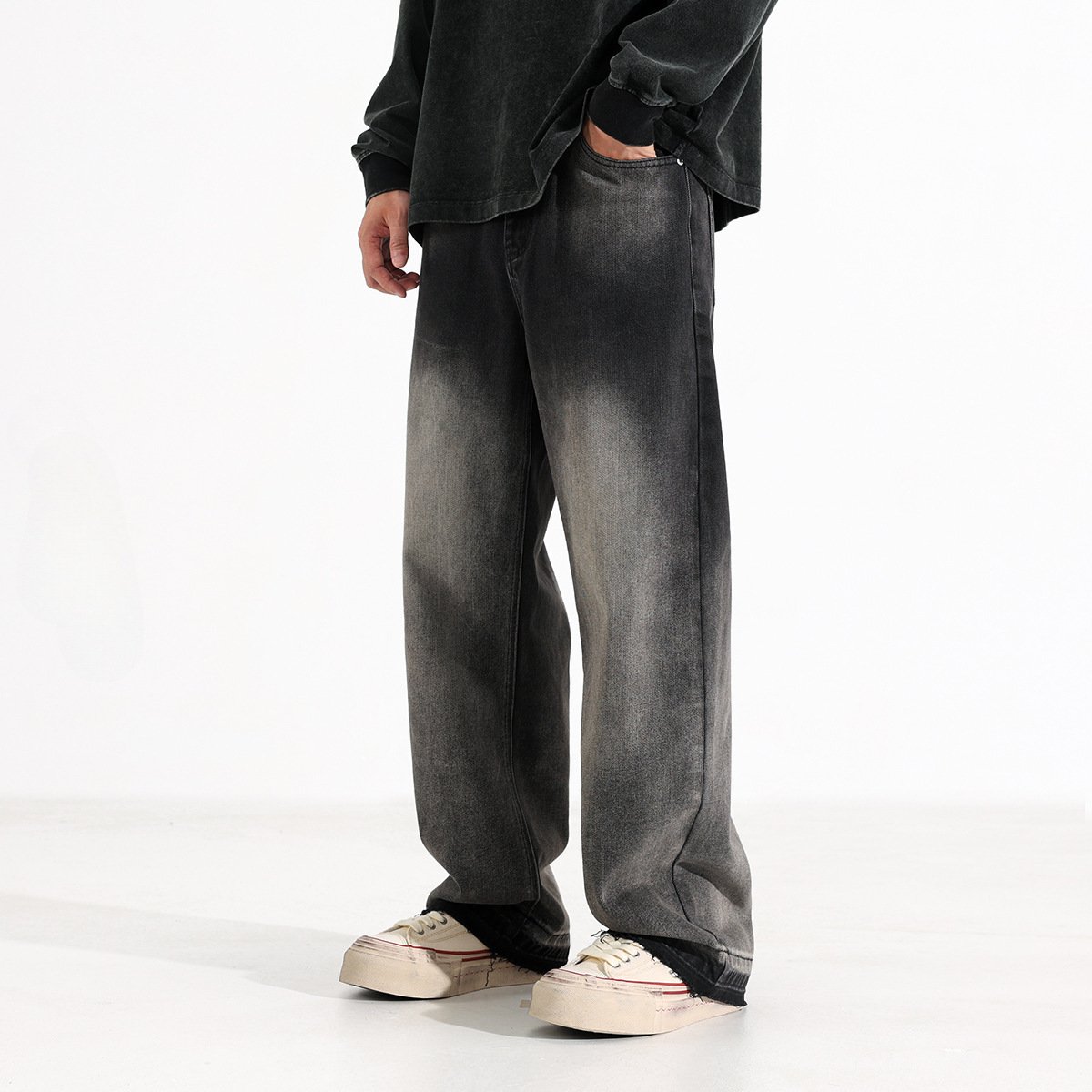 American-style Heavy Washed Black And Gray Straight Jeans Men's Loose Wide Leg Casual Trousers - Image 2