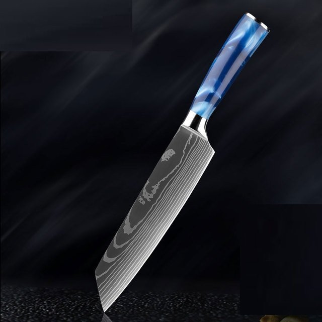 Damascus Pattern Blue Resin Handle Kitchen Knife Set - Image 4
