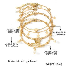 Best Seller In Europe And America Butterfly Pearl Heart Anklet 4-piece Set Multi-layer