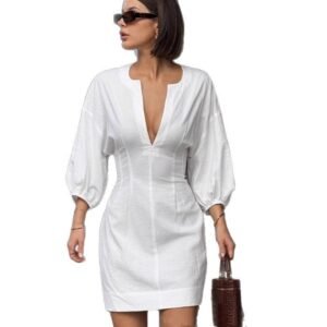 Deep V-neck Three-quarter-length Sleeves And A Fitted Waist Dress