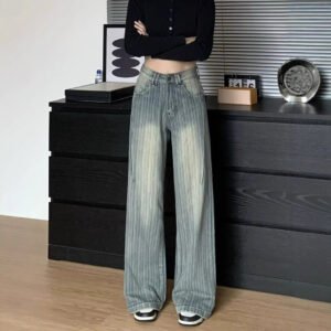 High Waist Striped Blue Loose Wide Leg Jeans Women Draped Pants