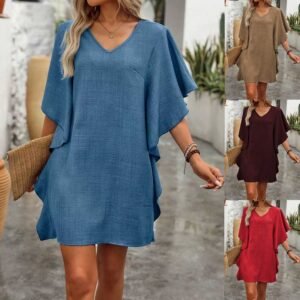 Solid-color Loose-fitting Flowing V-neck Dress With Ruffled Hem