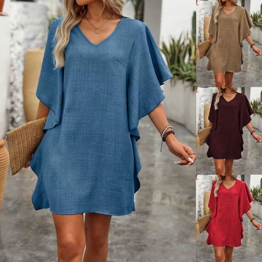 Solid-color Loose-fitting Flowing V-neck Dress With Ruffled Hem