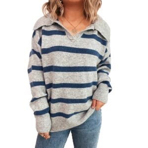 Simple Commute Stripes Contrast Color Lapels Loose-fitting Long Sleeve Sweater
