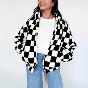 Women's Plush Long Sleeve Plaid Zipper With Pockets Baggy Coat