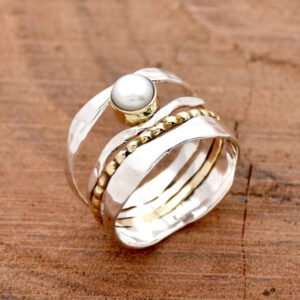 Two Tone Wide Band Pearl Ring Vintage Bohemian Style Ring Perfect As A Gift For Women