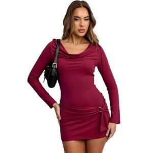 Sophisticated Mature-chic Design Wine-red Turtleneck Long-sleeve Figure-hugging Sheath Dress For Fall And Winter