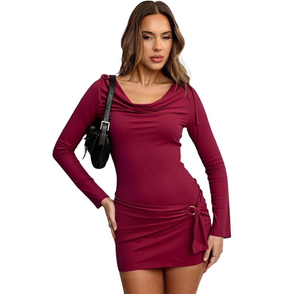 Sophisticated Mature-chic Design Wine-red Turtleneck Long-sleeve Figure-hugging Sheath Dress For Fall And Winter - Image 5