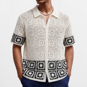 Mens Short-Sleeve Water-Soluble Hollow-Out Knit Top