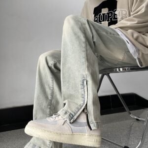 Side Zipper Skinny Jeans For Men Retro Straight-leg Pants
