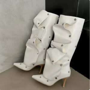 Denim Stitching Casual Two-way Pile Style Knee-length Boots