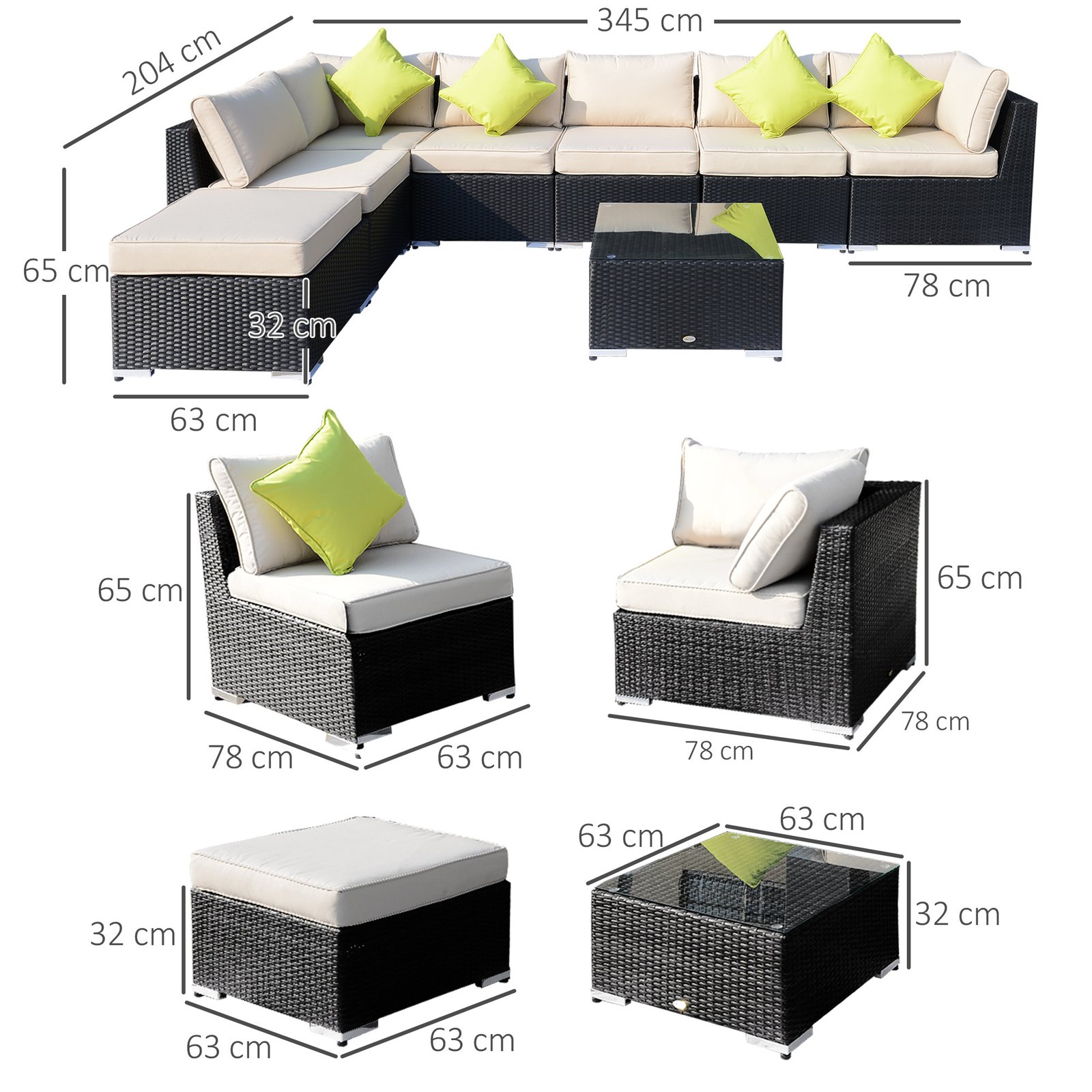 8 Piece Rattan Corner Sofa Set With Wide & Deep Seat, Assembled Aluminium PE Rattan Garden Furniture Set With Thick Cushions And Glass Top Table For Outdoor, Conservatory, Black - Image 3