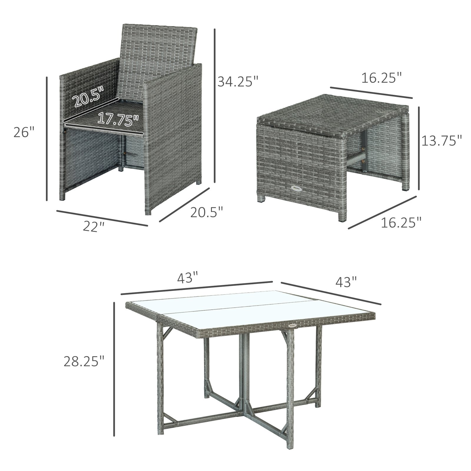9 Pieces Outdoor Dining Set for 8, Space Saving Wicker Chairs and Square Glass Table with Cushions and Ottomans, Rattan Conversation Patio Furniture Set for Garden, Light Gray/Dark Gray - Image 3