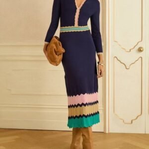 Patchwork V-neck Long Retro Waist-cinched Dress