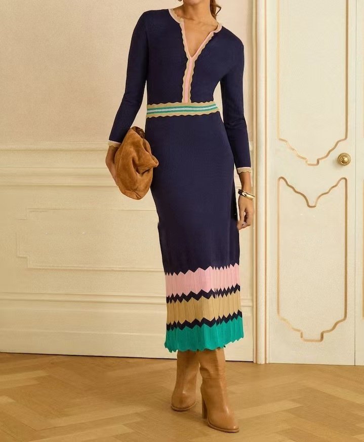 Patchwork V-neck Long Retro Waist-cinched Dress - Image 4