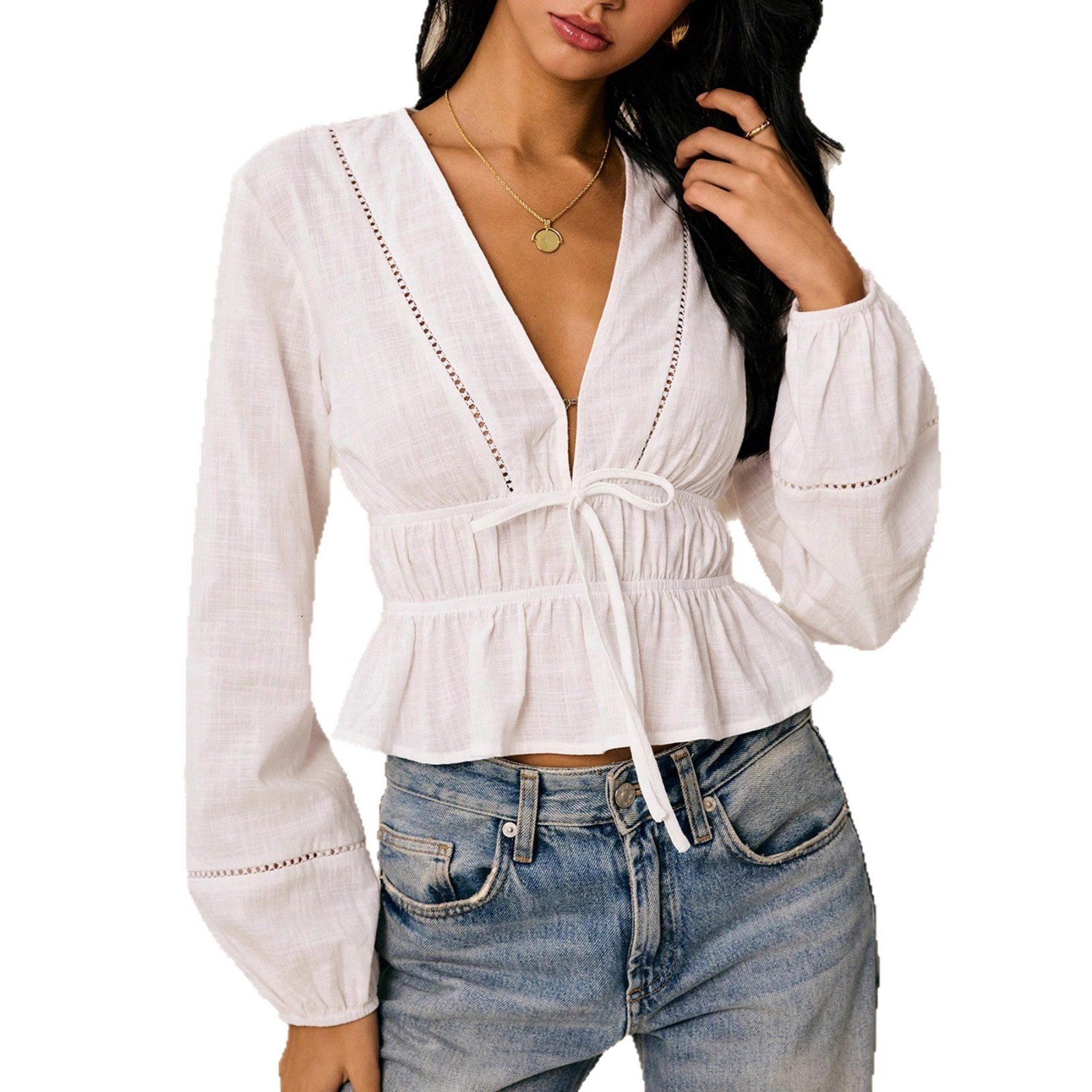 Women's Long-sleeved Bohemian Style Deep V-neck Ruffle Blouse - Image 5