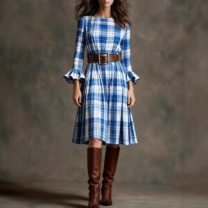 Retro Plaid Slimming Dress With Flared Sleeves For Women