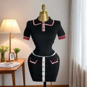 Womens Color-Block Red-Trim Metal-Button Slim-Fit Knitted Dress