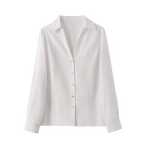 White V-neck Roll-up Sleeve Linen Blend Shirt