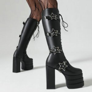 Plus Size Thick Heel Super High Heel High Leg Boot Five-pointed Star Locking Buckle Front Lace-up