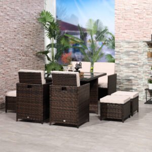 8 Seater Rattan Cube Garden Furniture Set, Rattan Dining Set With Cushions, Outdoor Dining Table And Chairs With 4 Armchairs, 4 Stools, Square Glass Top Table For Patio, Balcony, Brown
