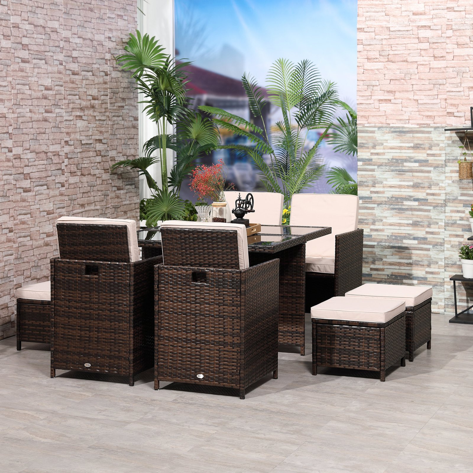 8 Seater Rattan Cube Garden Furniture Set, Rattan Dining Set With Cushions, Outdoor Dining Table And Chairs With 4 Armchairs, 4 Stools, Square Glass Top Table For Patio, Balcony, Brown - Image 2