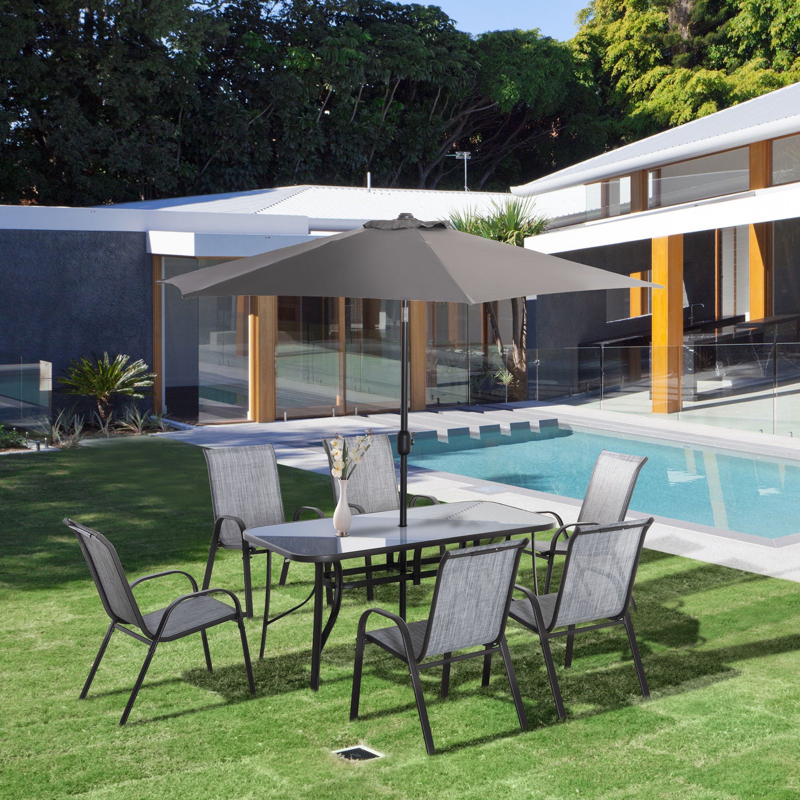 8 Pieces Patio Furniture Set with 9Ft Patio Umbrella, Outdoor Dining Table and Chairs, 6 Chairs, Push Button Tilt and Crank Parasol, Tempered Glass Top, Gray - Image 2