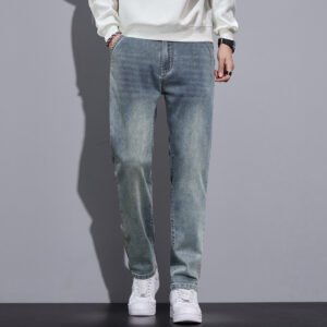 Mens Straight-Leg Loose-Fit Street-Style Wide-Leg Denim Jeans
