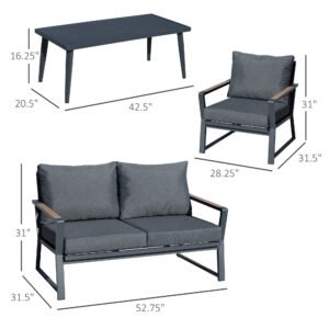 4 Piece Patio Furniture Set, Aluminum Conversation Set, Outdoor Garden Sofa Set With Armchairs, Loveseat, Center Coffee Table And Cushions, Dark Grey