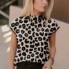 Women's Black Leopard-Print Turtleneck Short-Sleeve Sweater
